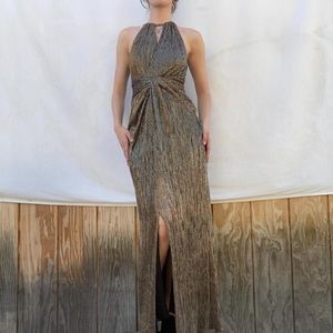 Long ‘Laundry’ gold dress. High neck. Zips up the back.